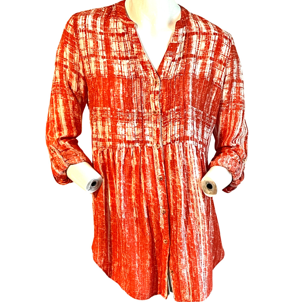 Maeve Red & White Button-Front Textured Tunic Blouse
